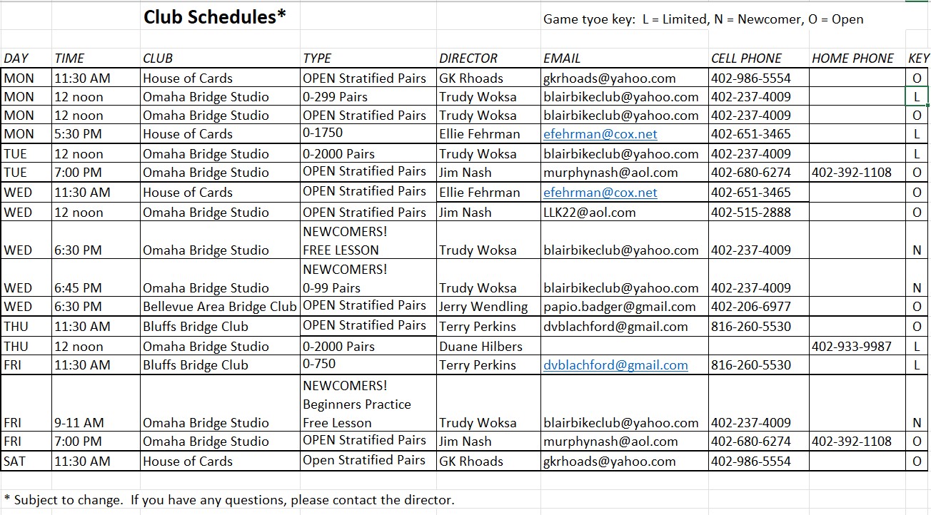 Club schedules